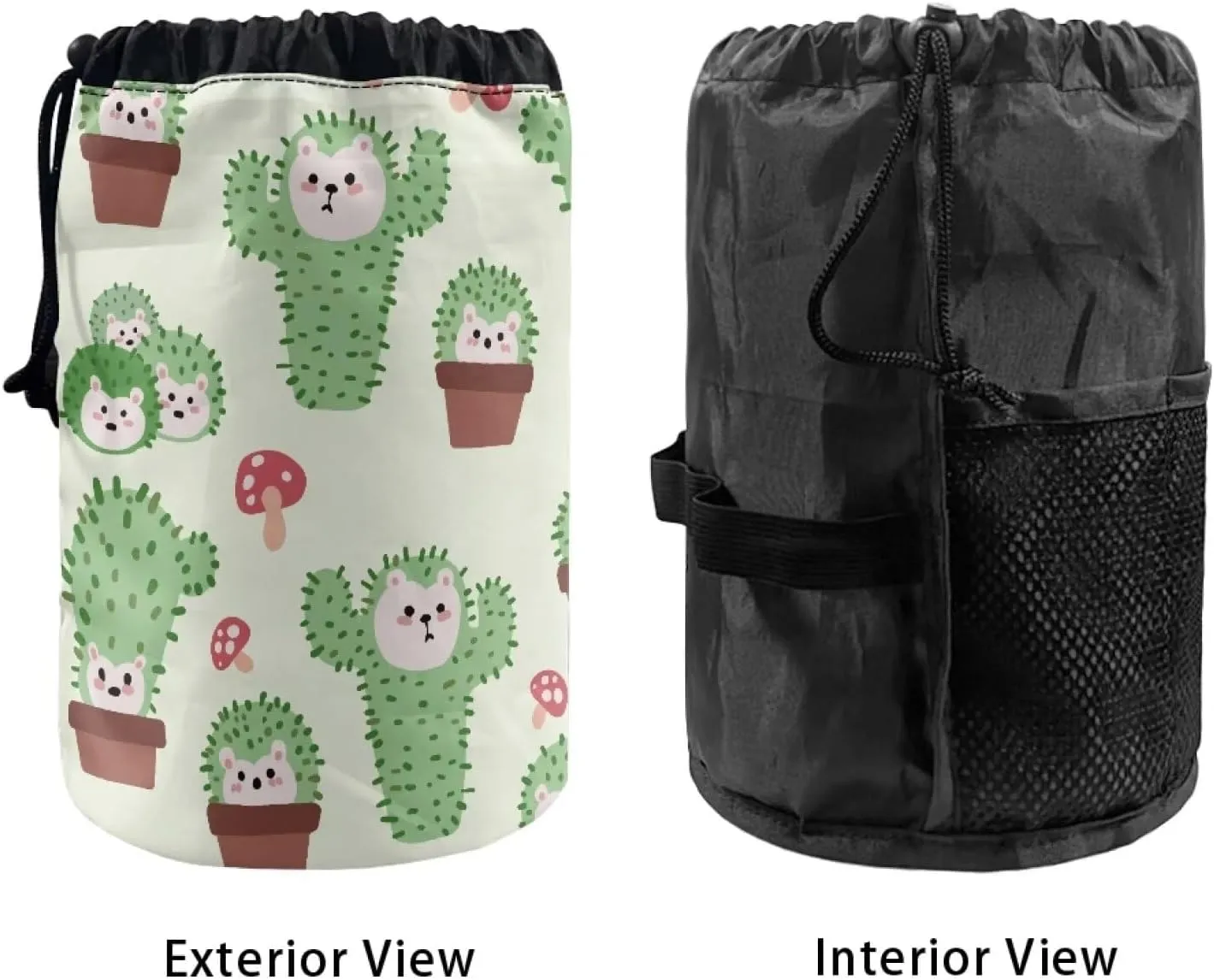 Cactus Hedgehog drawstring makeup bag opens flat lay and go makeup bag with drawstring makeup travel organizer barrel drawstring makeup bag travel essentials for women travel makeup bag