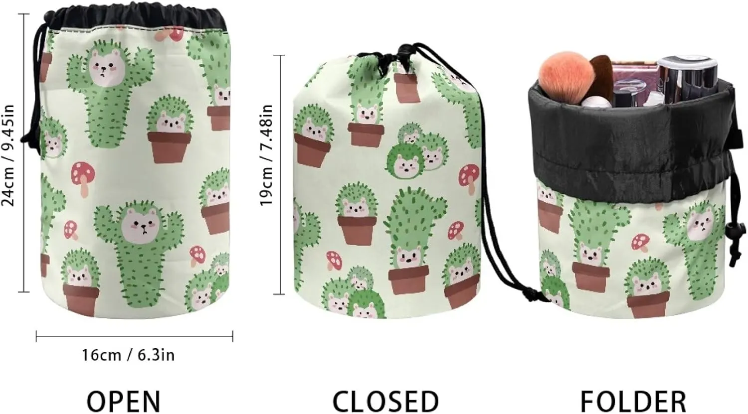 Cactus Hedgehog drawstring makeup bag opens flat lay and go makeup bag with drawstring makeup travel organizer barrel drawstring makeup bag travel essentials for women travel makeup bag