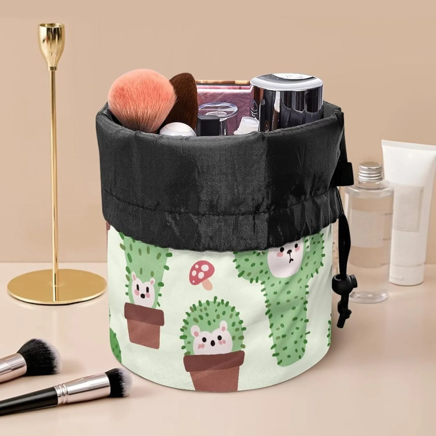 Cactus Hedgehog drawstring makeup bag opens flat lay and go makeup bag with drawstring makeup travel organizer barrel drawstring makeup bag travel essentials for women travel makeup bag