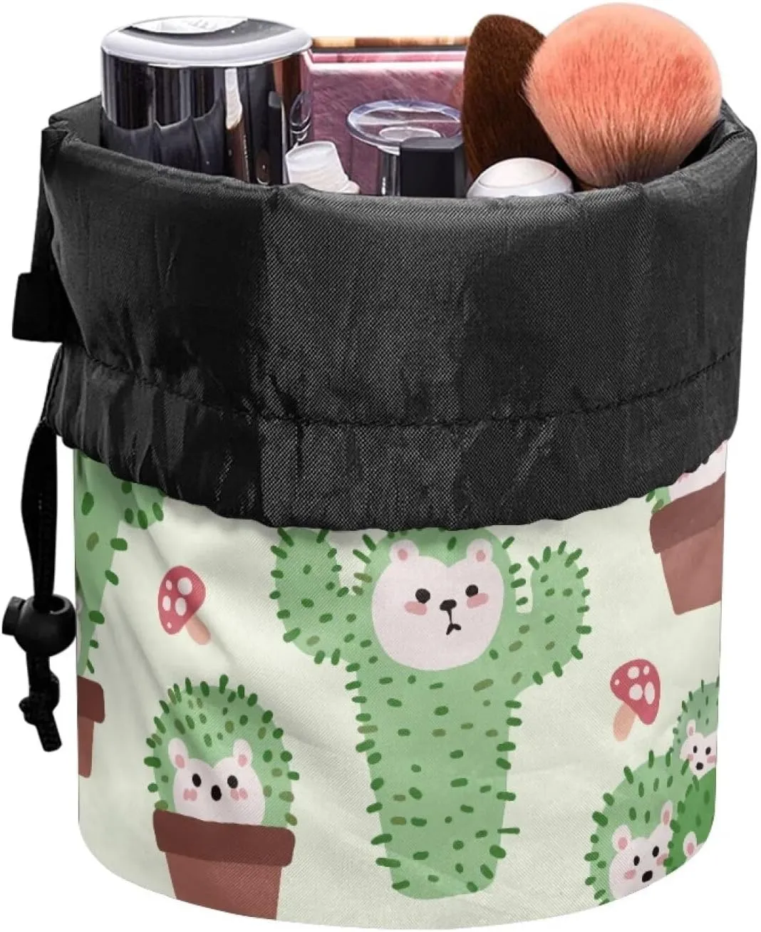 Cactus Hedgehog drawstring makeup bag opens flat lay and go makeup bag with drawstring makeup travel organizer barrel drawstring makeup bag travel essentials for women travel makeup bag