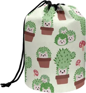 Cactus Hedgehog drawstring makeup bag opens flat lay and go makeup bag with drawstring makeup travel organizer barrel drawstring makeup bag travel essentials for women travel makeup bag