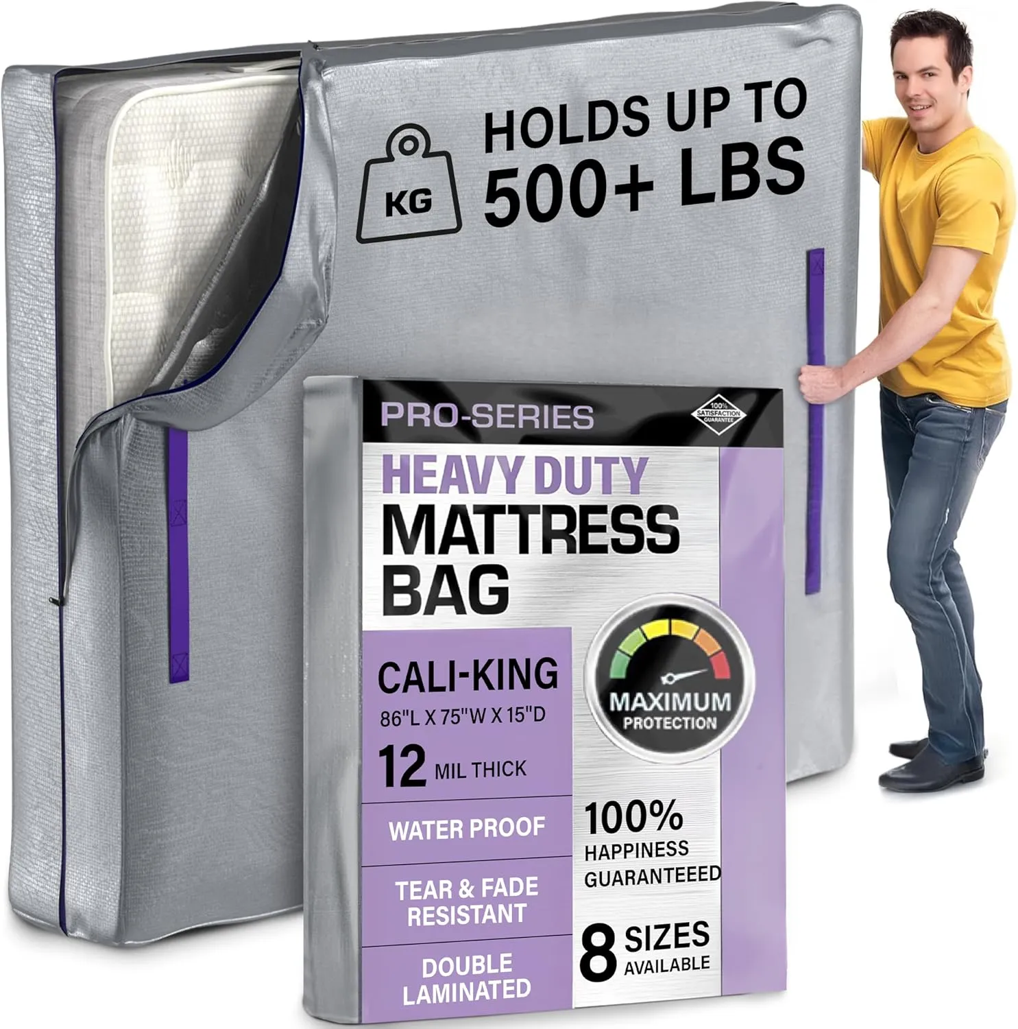 Cal King Mattress Bags For Moving, California King Mattress Bag For Moving - Heavy Duty 10 Mil Zipper Mattress Cover For Moving w 8 Carry Handles - Storage, Moving Mattress Protector Bag