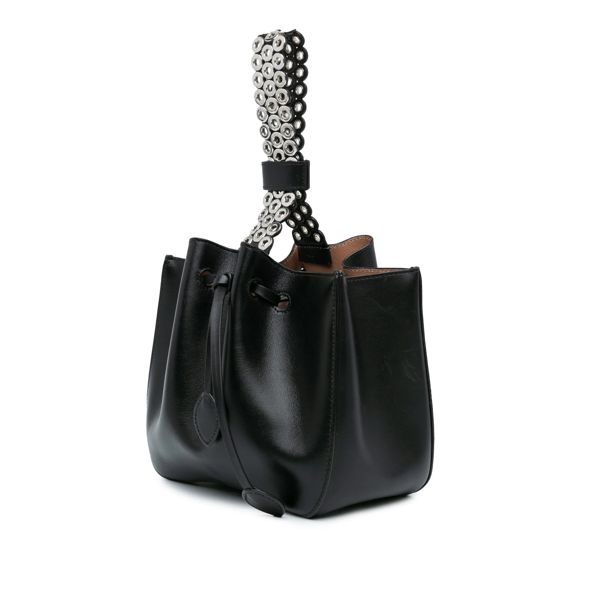 Calfskin Eyelet Bracelet Embellished Bucket Bag