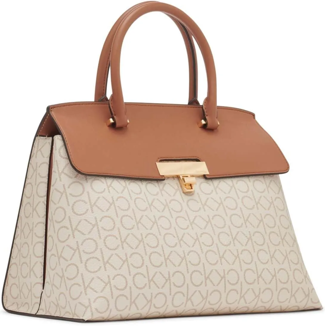 Calvin Klein Women's Becky Turn Lock Satchel – 2 in 1, Vegan Leather, 3 Pockets