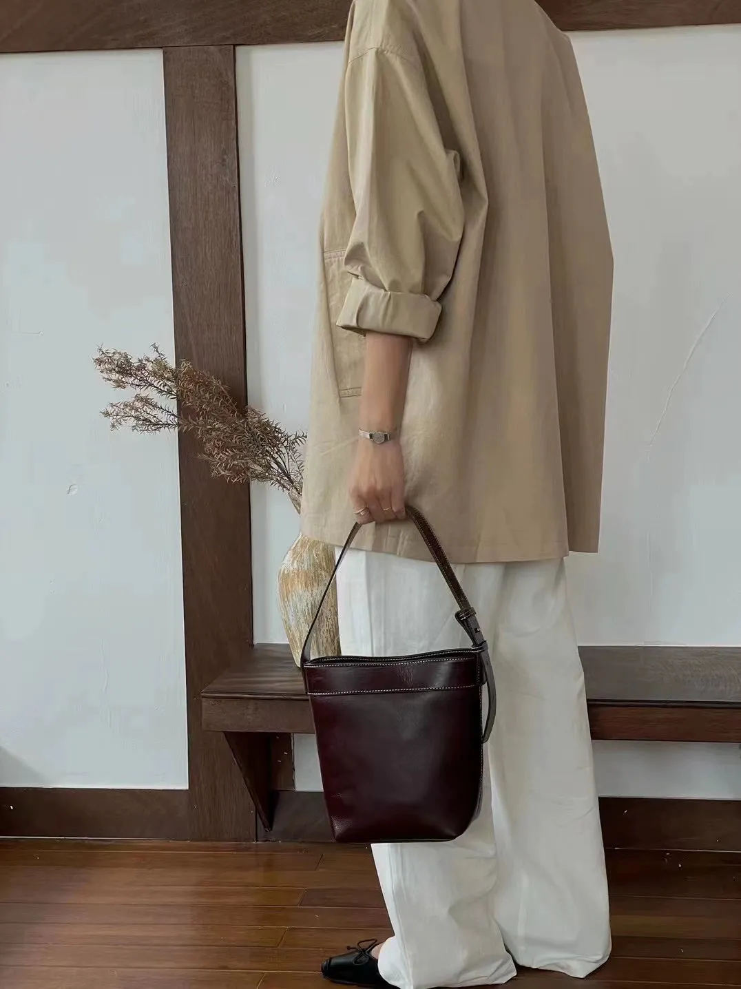 Canvas and Leather Bucket Bag