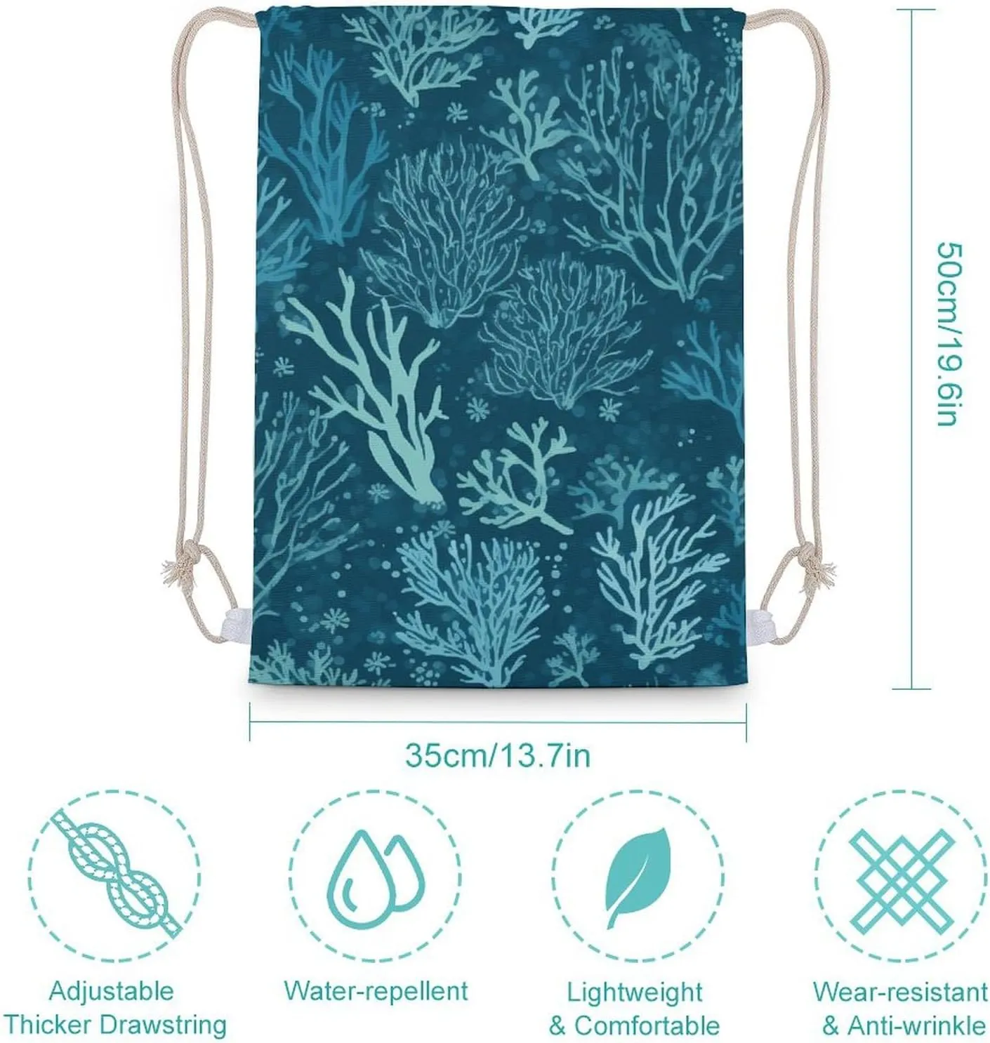 Canvas Drawstring Backpack, Green Sea Blue Seaweed Drawstring Sport Gym Bags for Travel, Work, Yoga & Daily Use