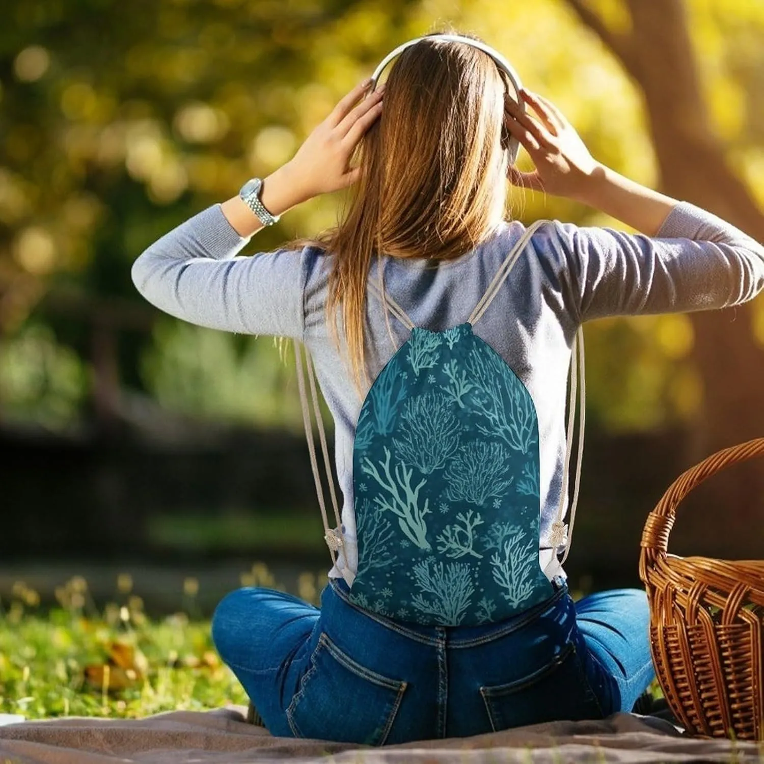 Canvas Drawstring Backpack, Green Sea Blue Seaweed Drawstring Sport Gym Bags for Travel, Work, Yoga & Daily Use