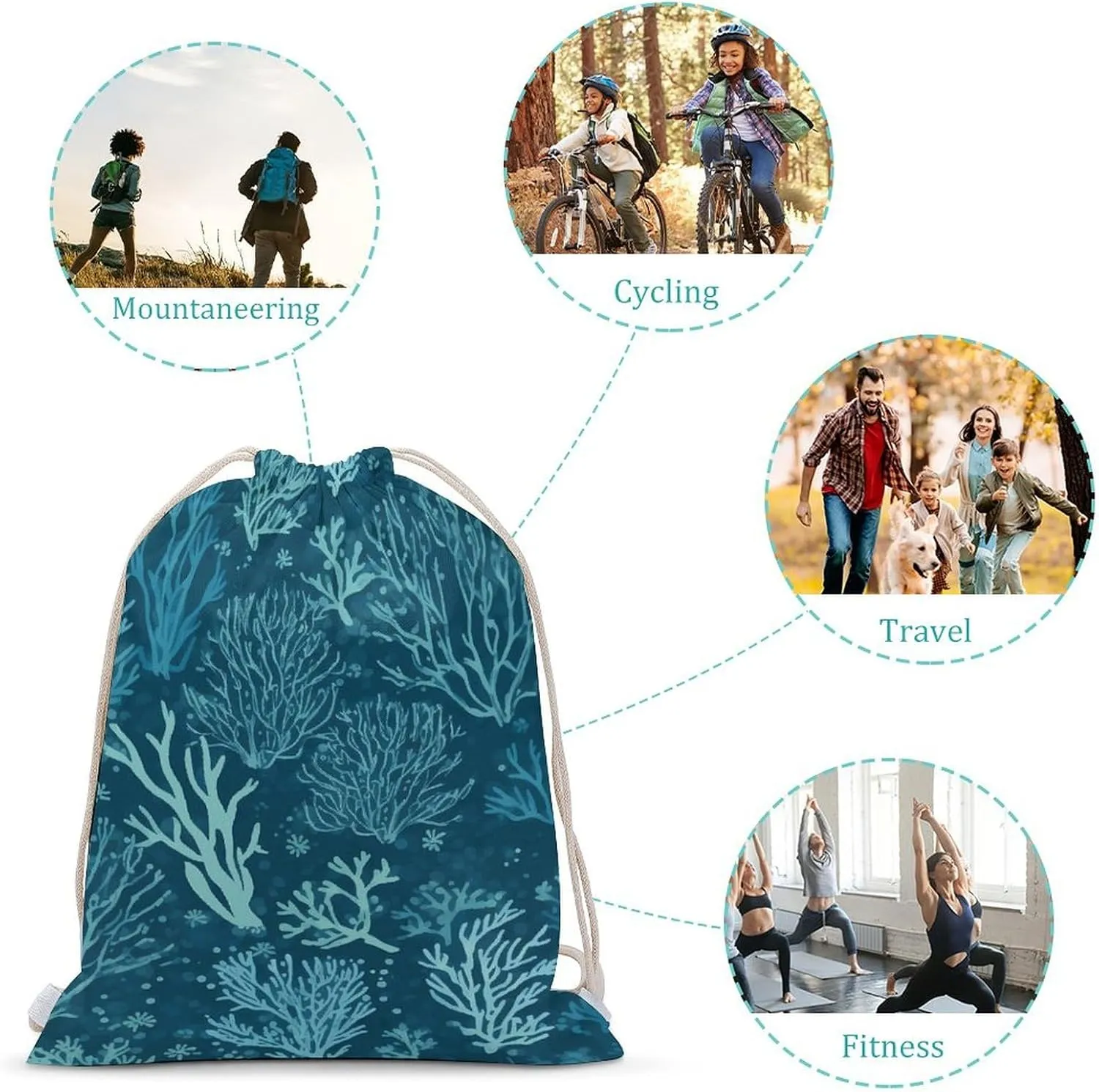 Canvas Drawstring Backpack, Green Sea Blue Seaweed Drawstring Sport Gym Bags for Travel, Work, Yoga & Daily Use