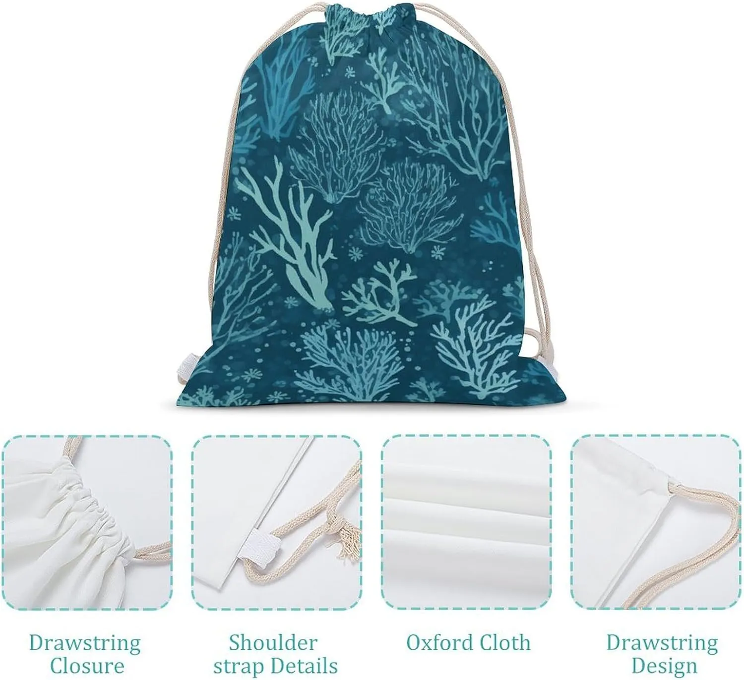 Canvas Drawstring Backpack, Green Sea Blue Seaweed Drawstring Sport Gym Bags for Travel, Work, Yoga & Daily Use