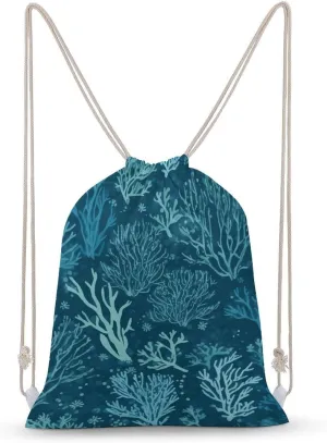 Canvas Drawstring Backpack, Green Sea Blue Seaweed Drawstring Sport Gym Bags for Travel, Work, Yoga & Daily Use