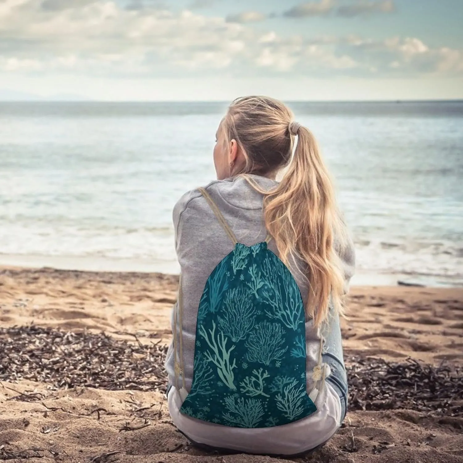 Canvas Drawstring Backpack, Green Sea Blue Seaweed Drawstring Sport Gym Bags for Travel, Work, Yoga & Daily Use