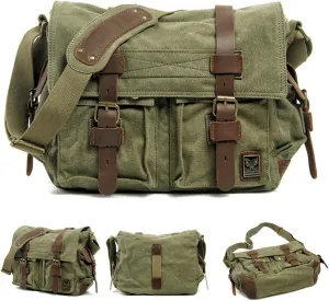 Canvas Messenger Bag, Vintage Genuine Leather Shoulder Bag, Briefcase Crossbody Satchel Purse Laptop Bag Medium