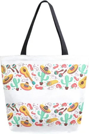 Canvas Tote Bag Cinco De Mayo Women Shoulder Bag Objects Horizontal Stripe Composition Reusable Grocery Bags Large Handbag Travel Shopping Bag for School Nursing Gift Outdoors