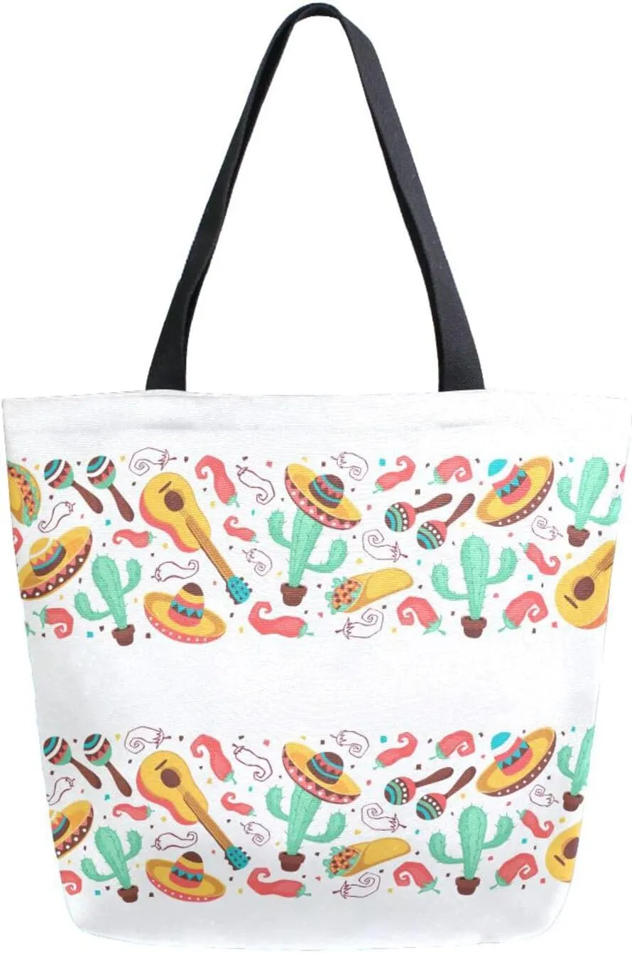 Canvas Tote Bag Cinco De Mayo Women Shoulder Bag Objects Horizontal Stripe Composition Reusable Grocery Bags Large Handbag Travel Shopping Bag for School Nursing Gift Outdoors