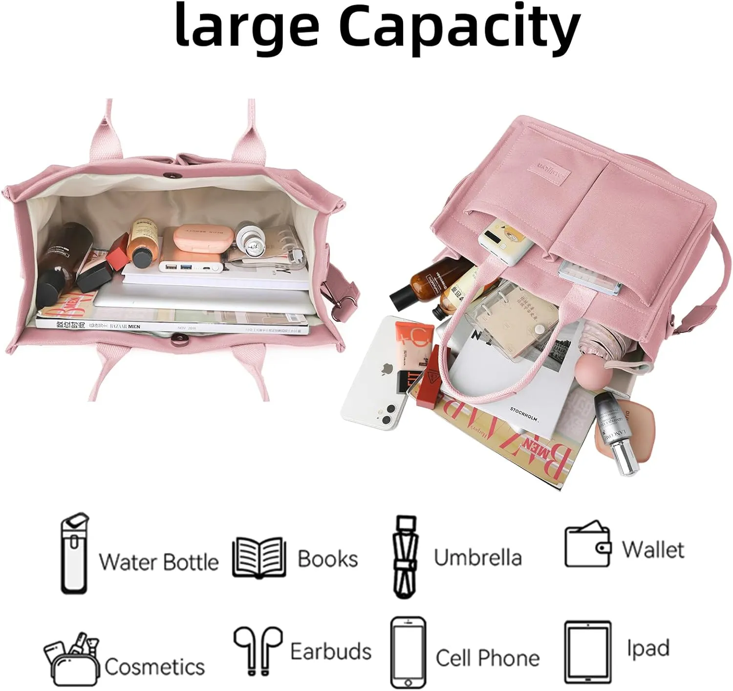 Canvas Tote Bag for Women Multi Pockets Crossbody Womens Tote Bags Trendy Satchel Handbag Everything Everyday Bag