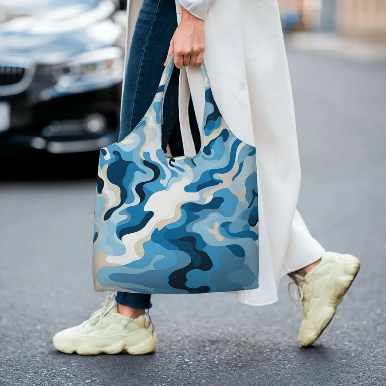 Canvas Tote Bag Lightweight Reusable Grocery Shopping Bag Blue and White Flowers Handbag for Women Men