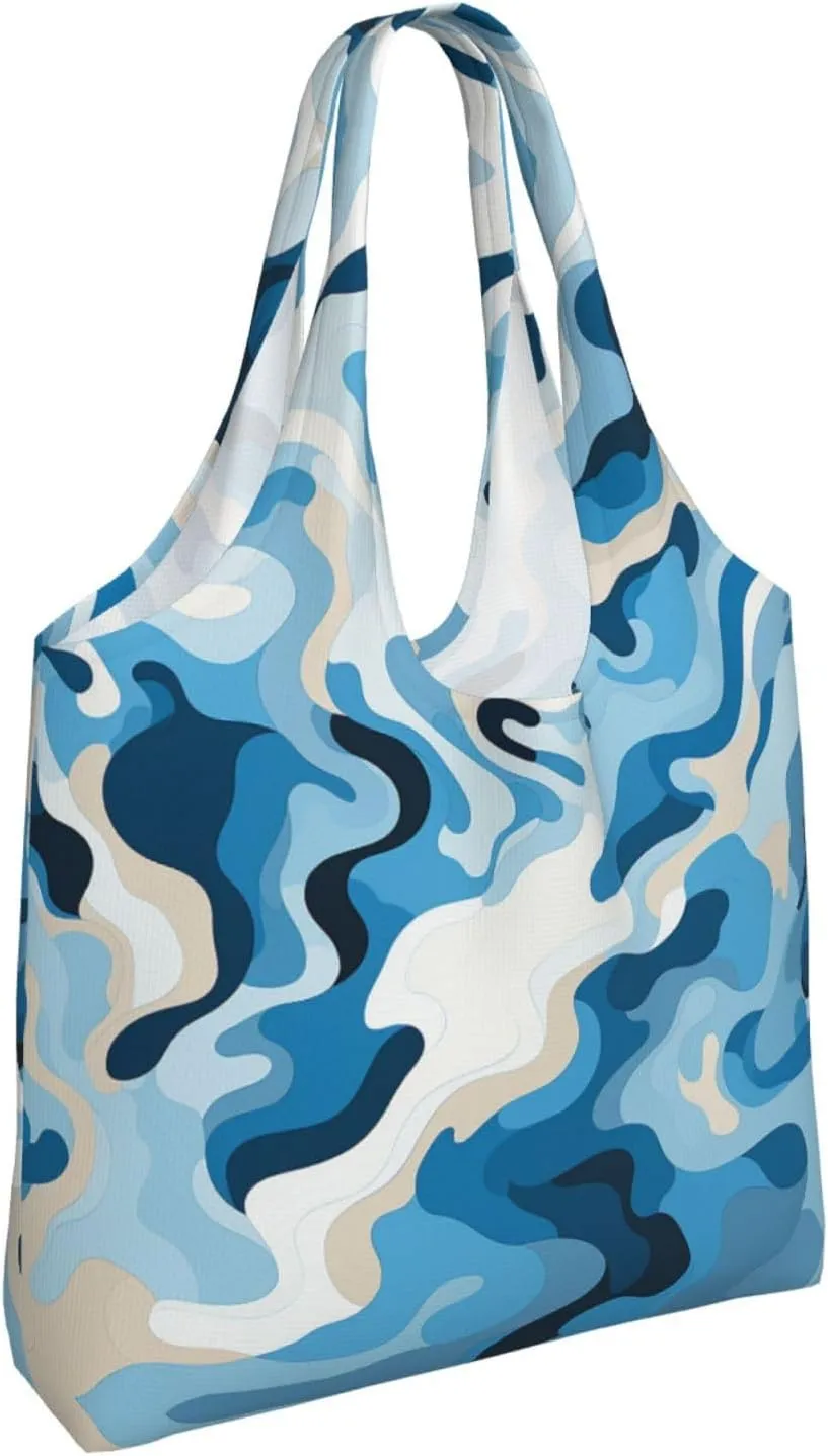 Canvas Tote Bag Lightweight Reusable Grocery Shopping Bag Blue and White Flowers Handbag for Women Men