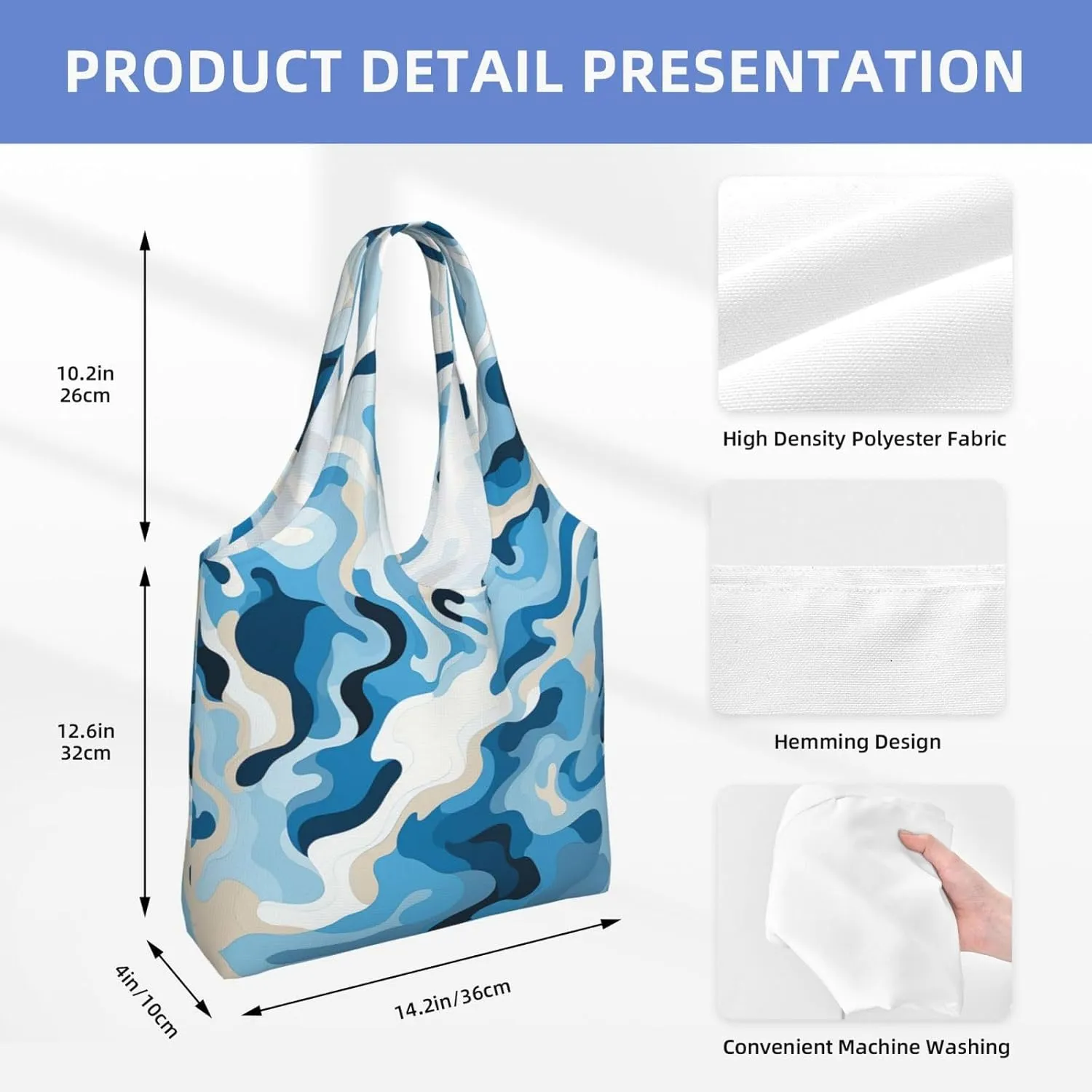 Canvas Tote Bag Lightweight Reusable Grocery Shopping Bag Blue and White Flowers Handbag for Women Men