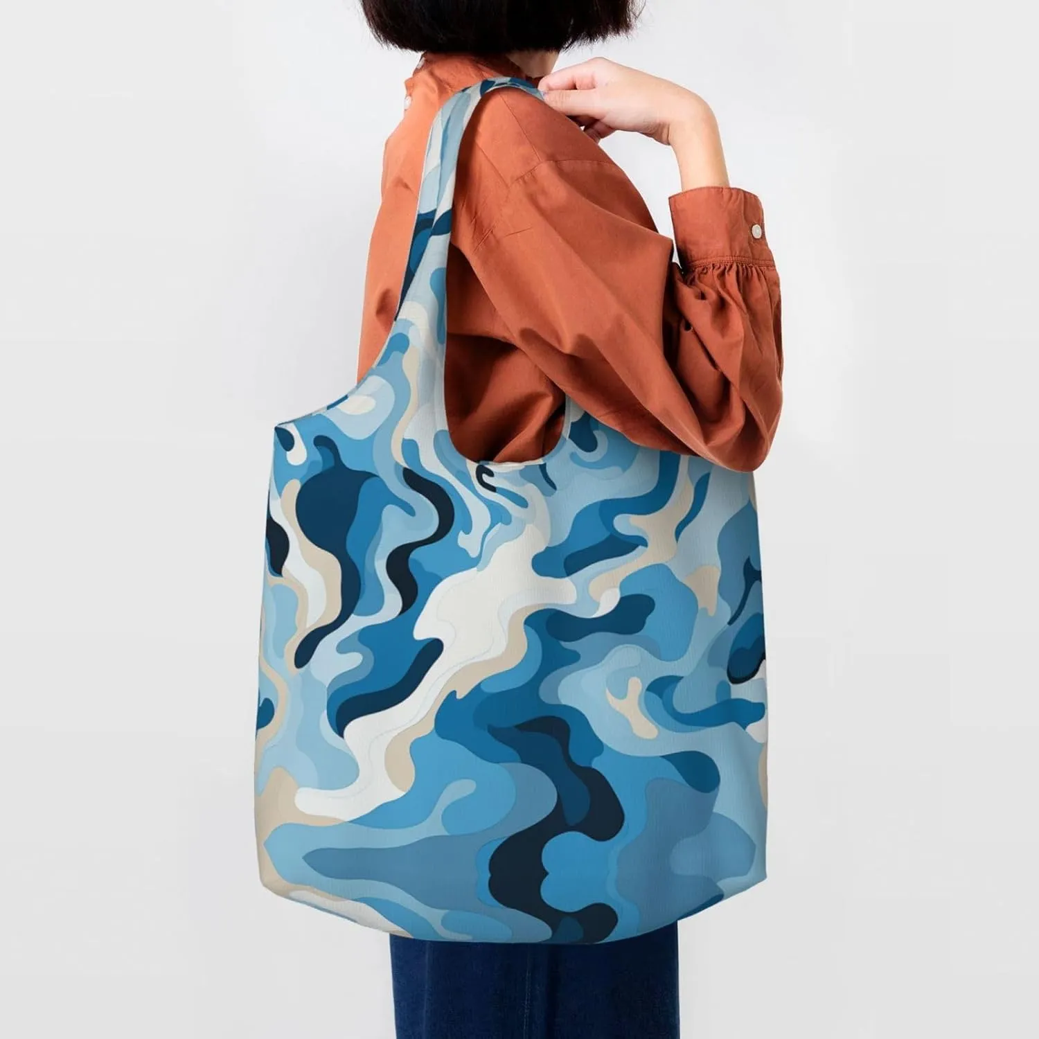 Canvas Tote Bag Lightweight Reusable Grocery Shopping Bag Blue and White Flowers Handbag for Women Men