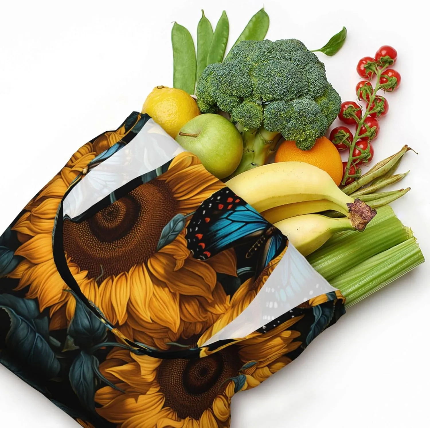 Canvas Tote Bag Lightweight Reusable Grocery Shopping Bag Blue Stripes and Red Flowers Handbag for Women Men