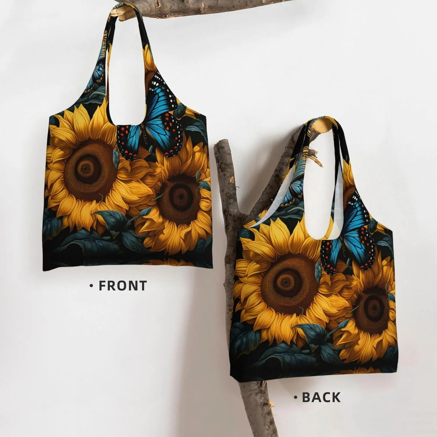 Canvas Tote Bag Lightweight Reusable Grocery Shopping Bag Blue Stripes and Red Flowers Handbag for Women Men
