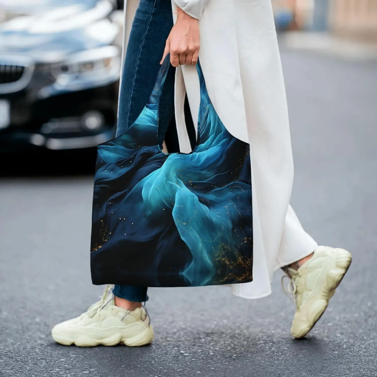 Canvas Tote Bag Lightweight Reusable Grocery Shopping Bag Blue Stripes and Red Flowers Handbag for Women Men