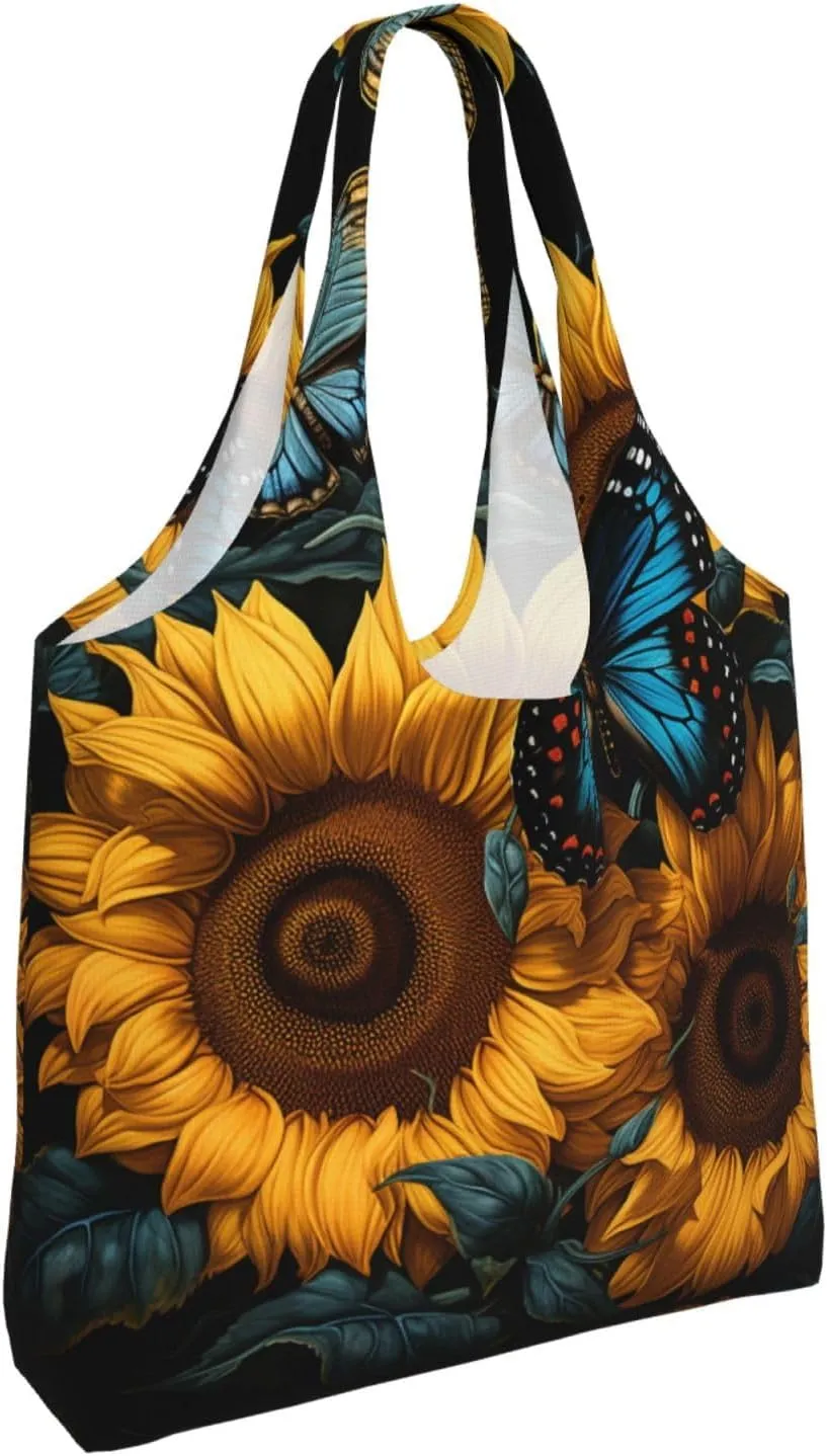 Canvas Tote Bag Lightweight Reusable Grocery Shopping Bag Blue Stripes and Red Flowers Handbag for Women Men