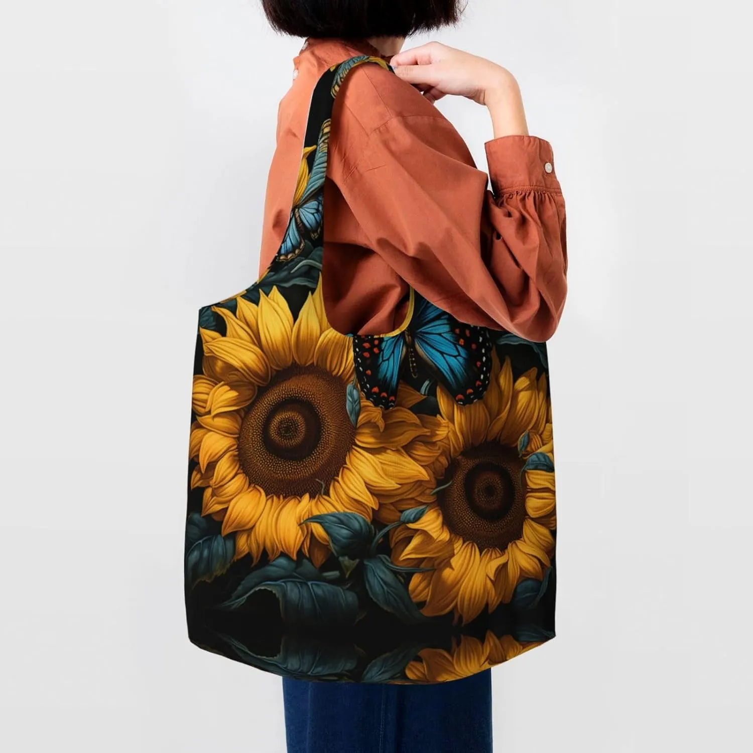 Canvas Tote Bag Lightweight Reusable Grocery Shopping Bag Blue Stripes and Red Flowers Handbag for Women Men