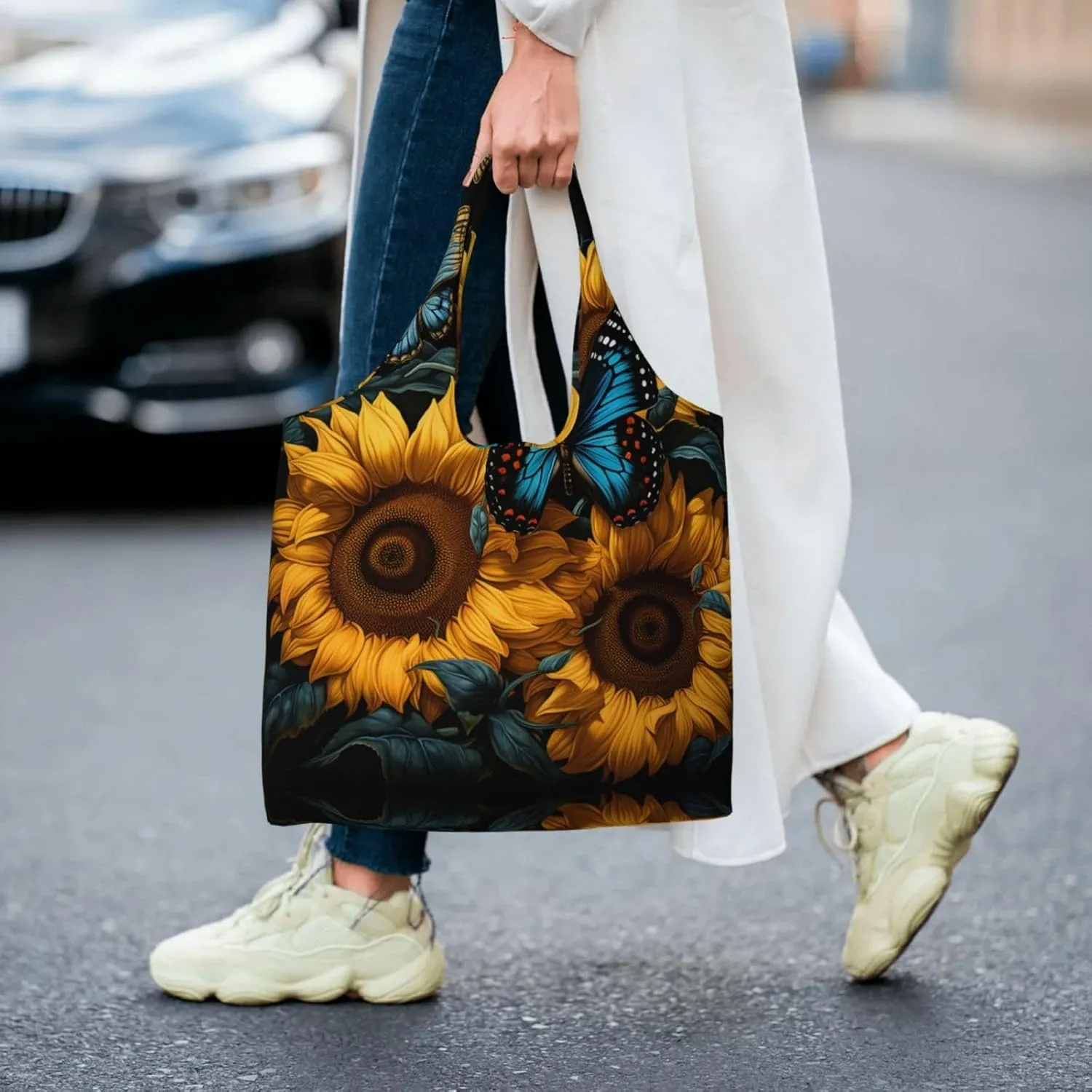 Canvas Tote Bag Lightweight Reusable Grocery Shopping Bag Blue Stripes and Red Flowers Handbag for Women Men