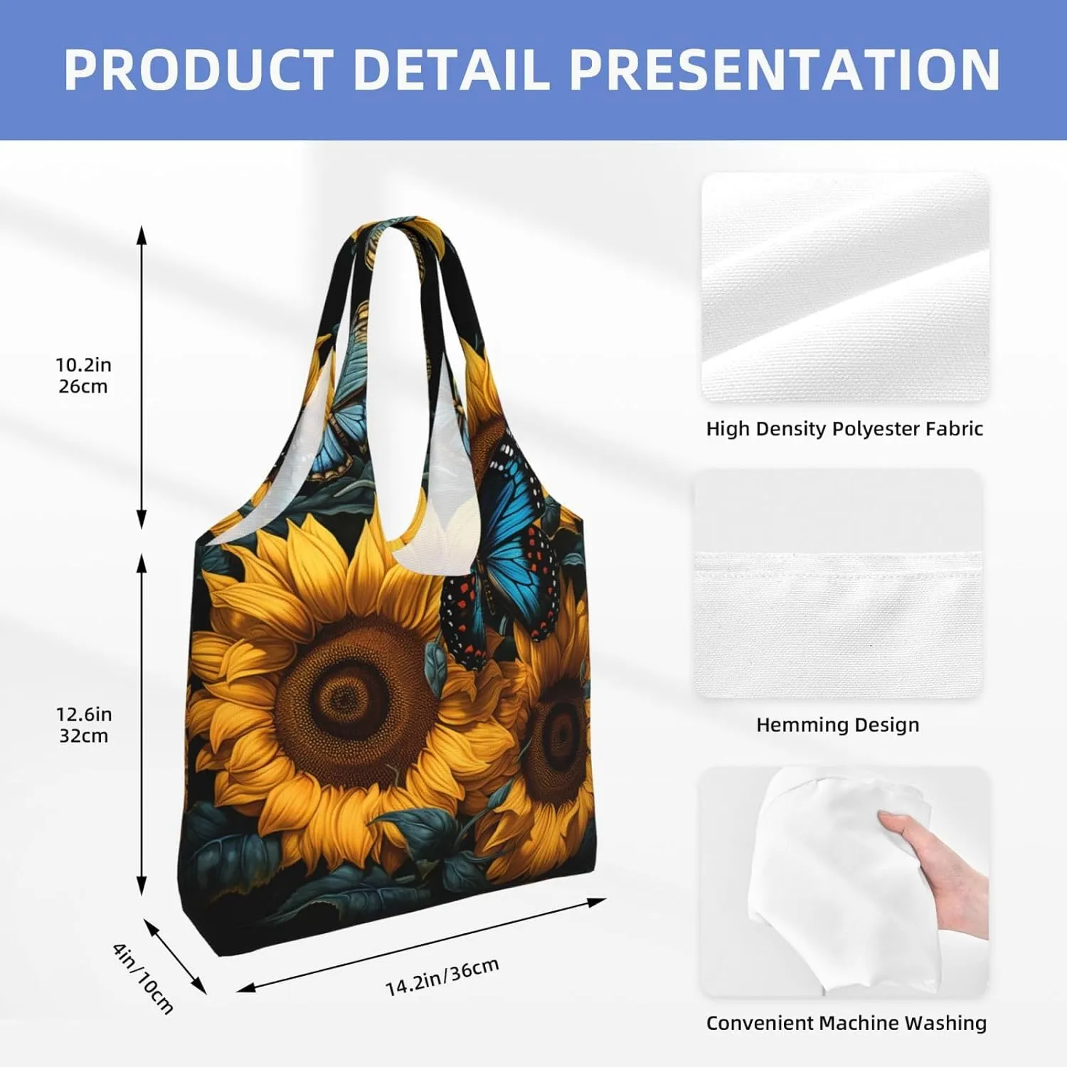 Canvas Tote Bag Lightweight Reusable Grocery Shopping Bag Blue Stripes and Red Flowers Handbag for Women Men