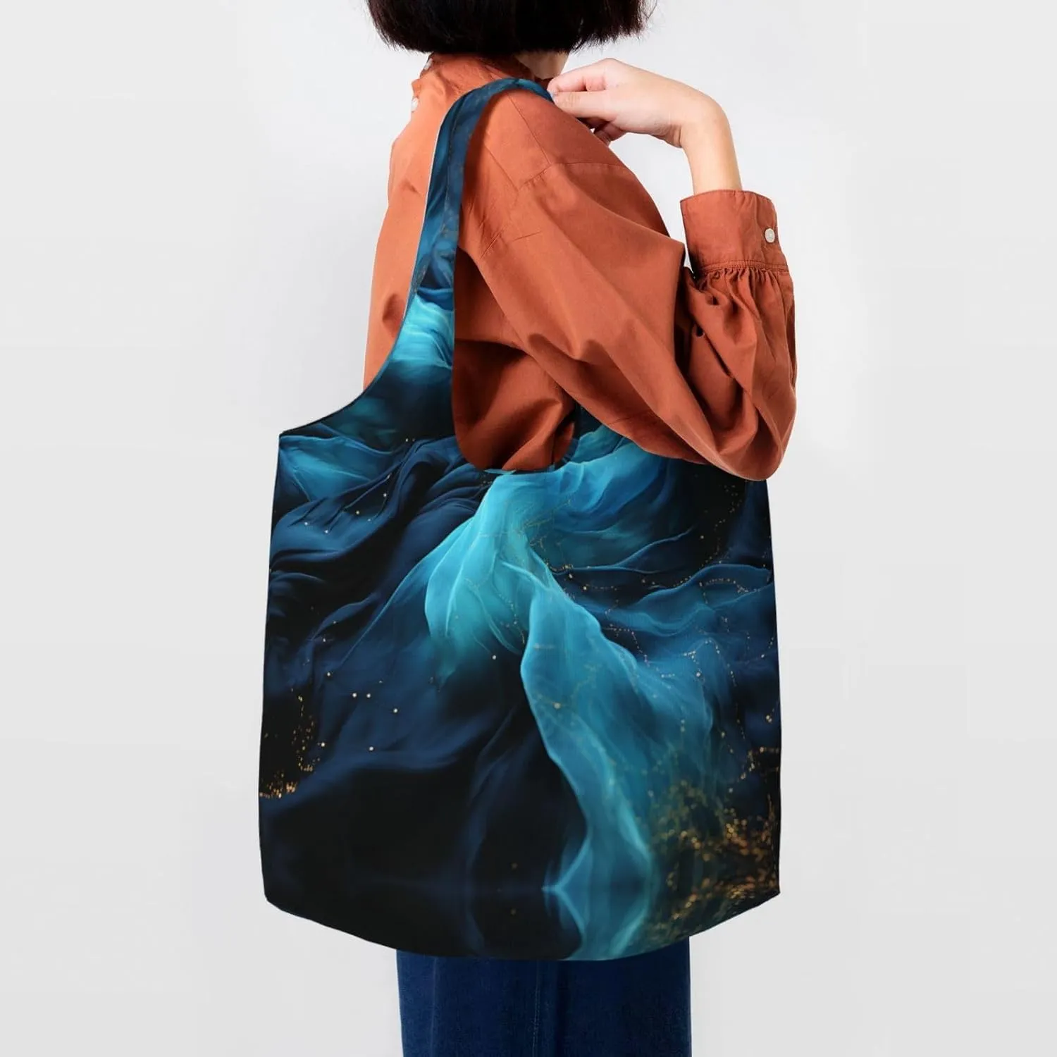 Canvas Tote Bag Lightweight Reusable Grocery Shopping Bag Blue Stripes and Red Flowers Handbag for Women Men