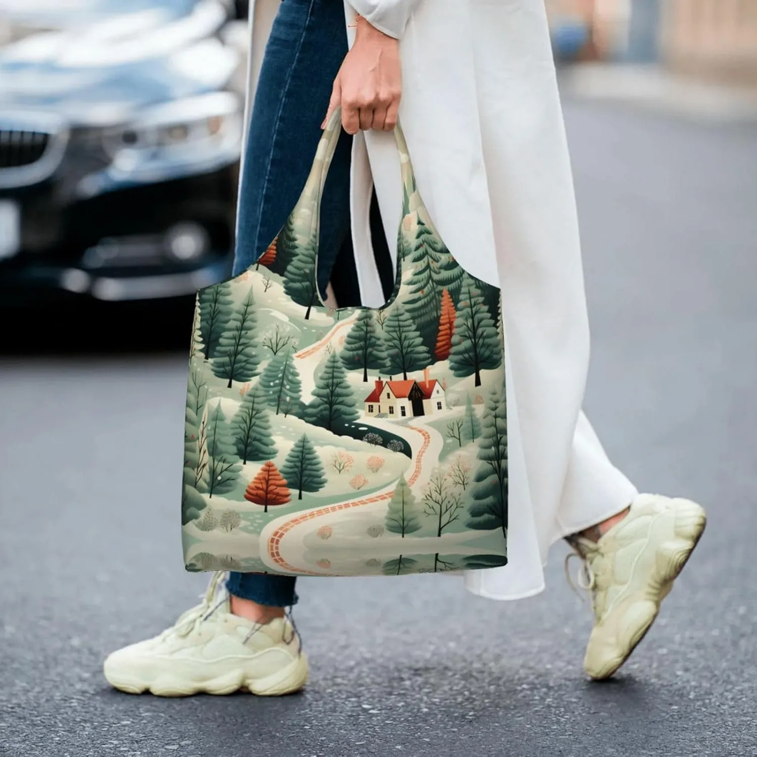Canvas Tote Bag Lightweight Reusable Grocery Shopping Bag Panda in the Rain Handbag for Women Men