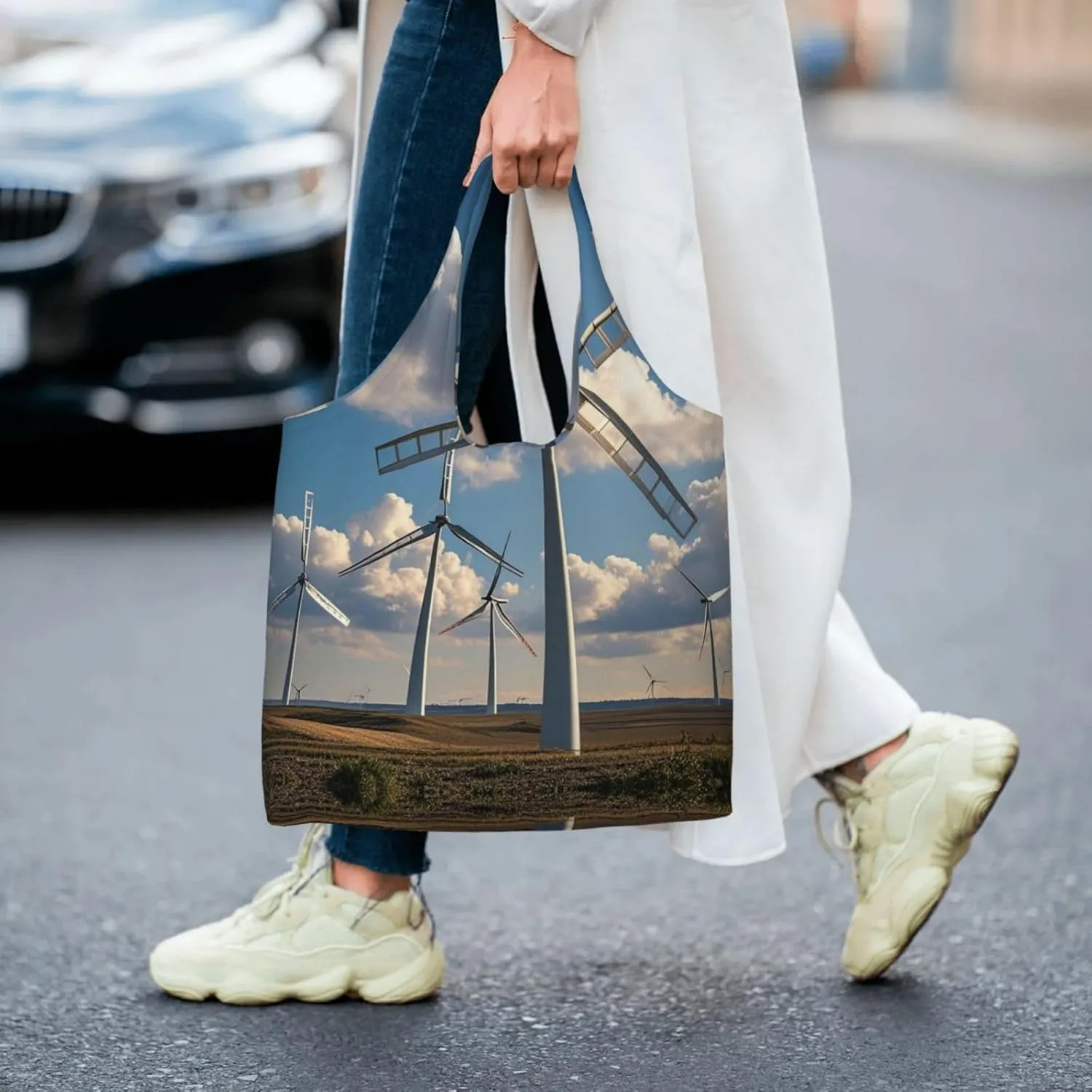 Canvas Tote Bag Lightweight Reusable Grocery Shopping Bag Xmas Tree Branch Bear Doll Handbag for Women Men