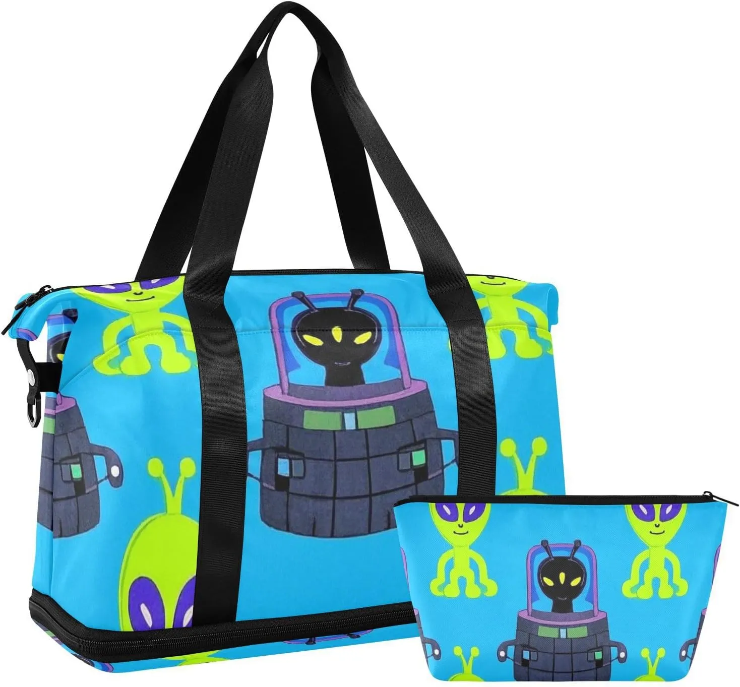 Cartoon Cute Green Aliens Gym Duffel Bag Weekender Bag with Adjustable Strap for Yoga 2 Pcs Set