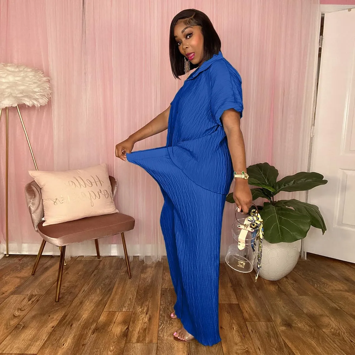 Casual Two Piece Set for Women - Button Down Shirt and Wide Leg Pants Matching Set Tracksuits