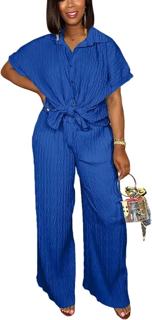 Casual Two Piece Set for Women - Button Down Shirt and Wide Leg Pants Matching Set Tracksuits