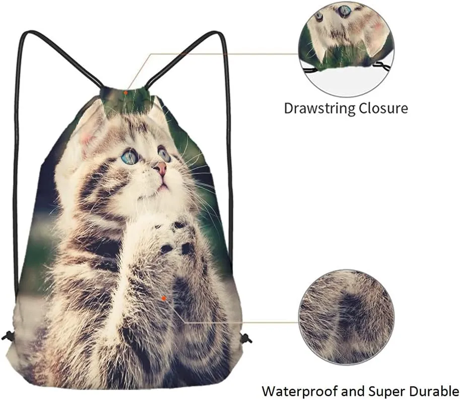 Cat Drawstring Bags - Backpack Bags with Cute Animal Designs, Grateful, Thankful & Blessed Kitty Pet Blue & Brown Big Eyes Fashion Sport Gym Sacks for Men & Women