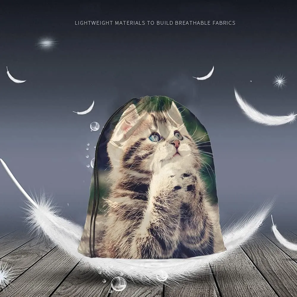 Cat Drawstring Bags - Backpack Bags with Cute Animal Designs, Grateful, Thankful & Blessed Kitty Pet Blue & Brown Big Eyes Fashion Sport Gym Sacks for Men & Women