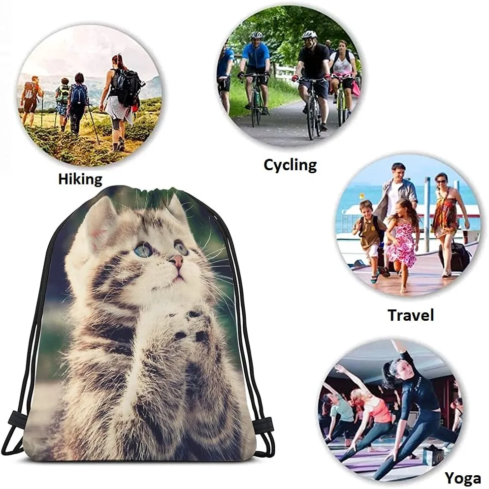 Cat Drawstring Bags - Backpack Bags with Cute Animal Designs, Grateful, Thankful & Blessed Kitty Pet Blue & Brown Big Eyes Fashion Sport Gym Sacks for Men & Women