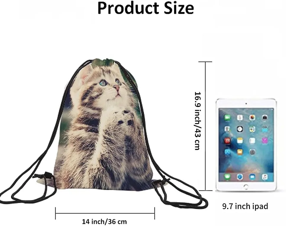 Cat Drawstring Bags - Backpack Bags with Cute Animal Designs, Grateful, Thankful & Blessed Kitty Pet Blue & Brown Big Eyes Fashion Sport Gym Sacks for Men & Women