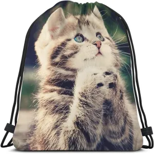 Cat Drawstring Bags - Backpack Bags with Cute Animal Designs, Grateful, Thankful & Blessed Kitty Pet Blue & Brown Big Eyes Fashion Sport Gym Sacks for Men & Women