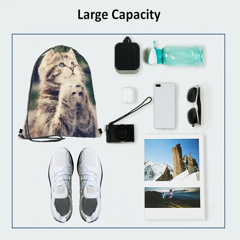 Cat Drawstring Bags - Backpack Bags with Cute Animal Designs, Grateful, Thankful & Blessed Kitty Pet Blue & Brown Big Eyes Fashion Sport Gym Sacks for Men & Women