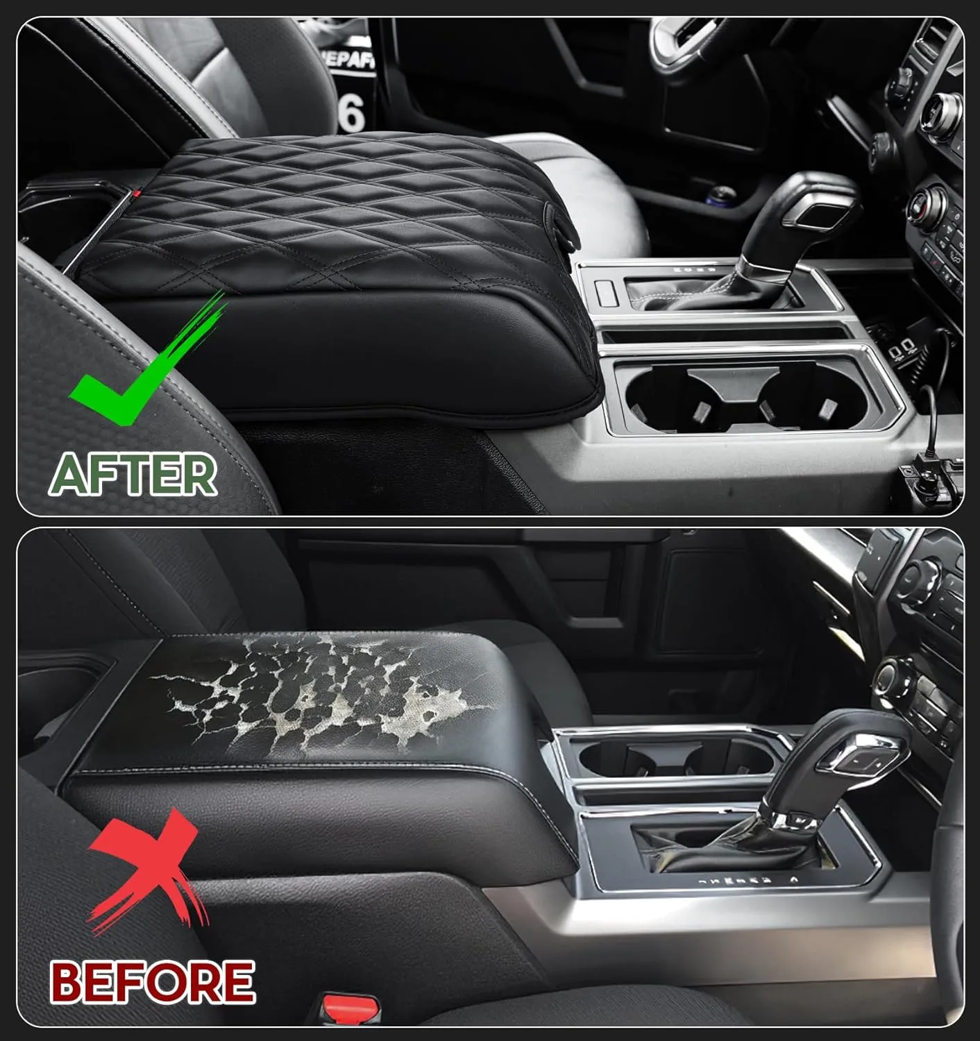 Center Console Cover Compatible with Ford F150 2015-2020, F250 F350 F450 2017-2022, Expedition 2018-2024, PU Leather Armrest Box Cover, Truck Interior Accessories, Anti-Scratch Protector