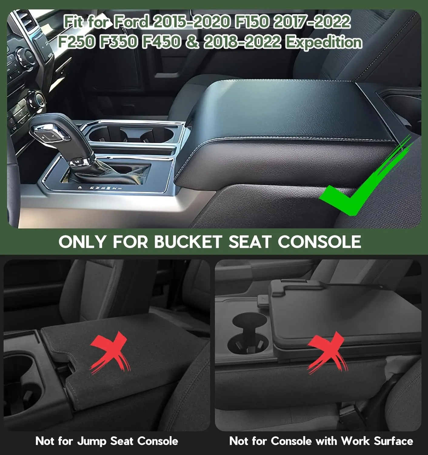 Center Console Cover Compatible with Ford F150 2015-2020, F250 F350 F450 2017-2022, Expedition 2018-2024, PU Leather Armrest Box Cover, Truck Interior Accessories, Anti-Scratch Protector