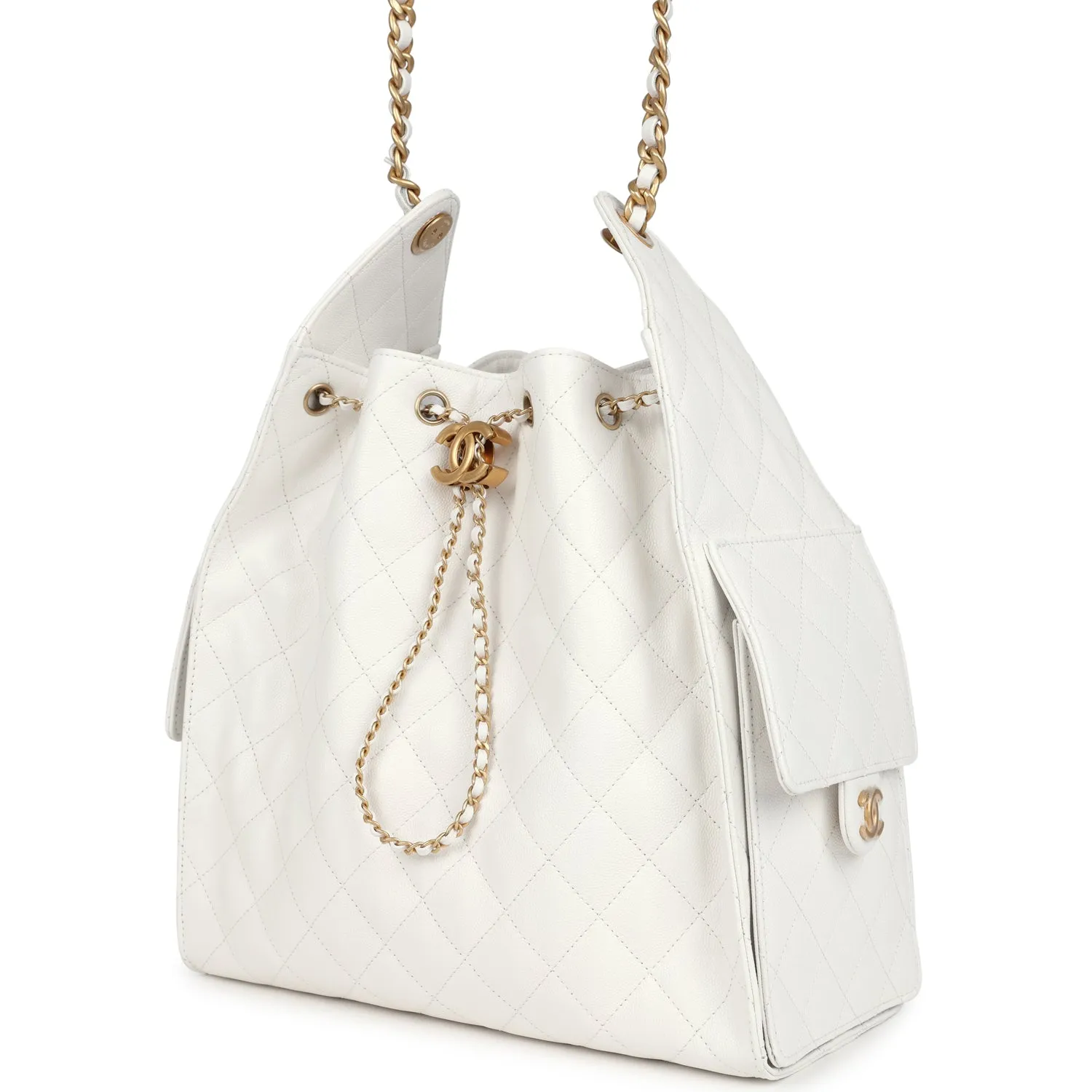 Chanel Medium 25 Hobo Bag White Caviar Antique Gold Hardware