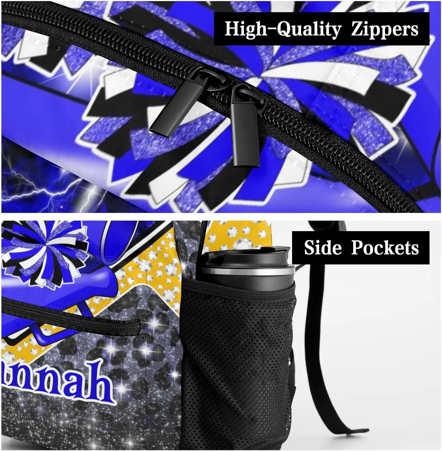 Cheer Bag Cheerleading Backpack Laptop Bag Customized Travel Daypack for Gift(Bright Blue Black Gold)