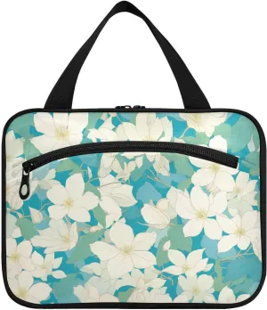 Chic White Clematis Flowers Teal hanging item travel bag with hook, designer washable bags for men for cruise travel camping bolso de para mujer L