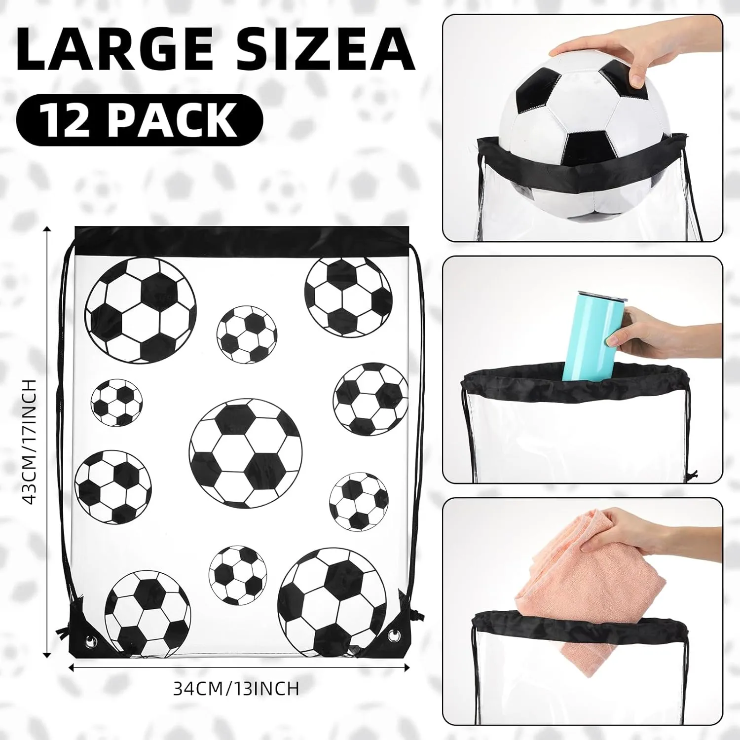Cholemy 12 Pcs Clear Soccer Drawstring Bags Drawstring Backpack 17 x 13 Inch Soccer Gift Bags Goodie Bags Party Favor Bags Waterproof Plastic Sports Gym Bags for Soccer Sports Events Stadium