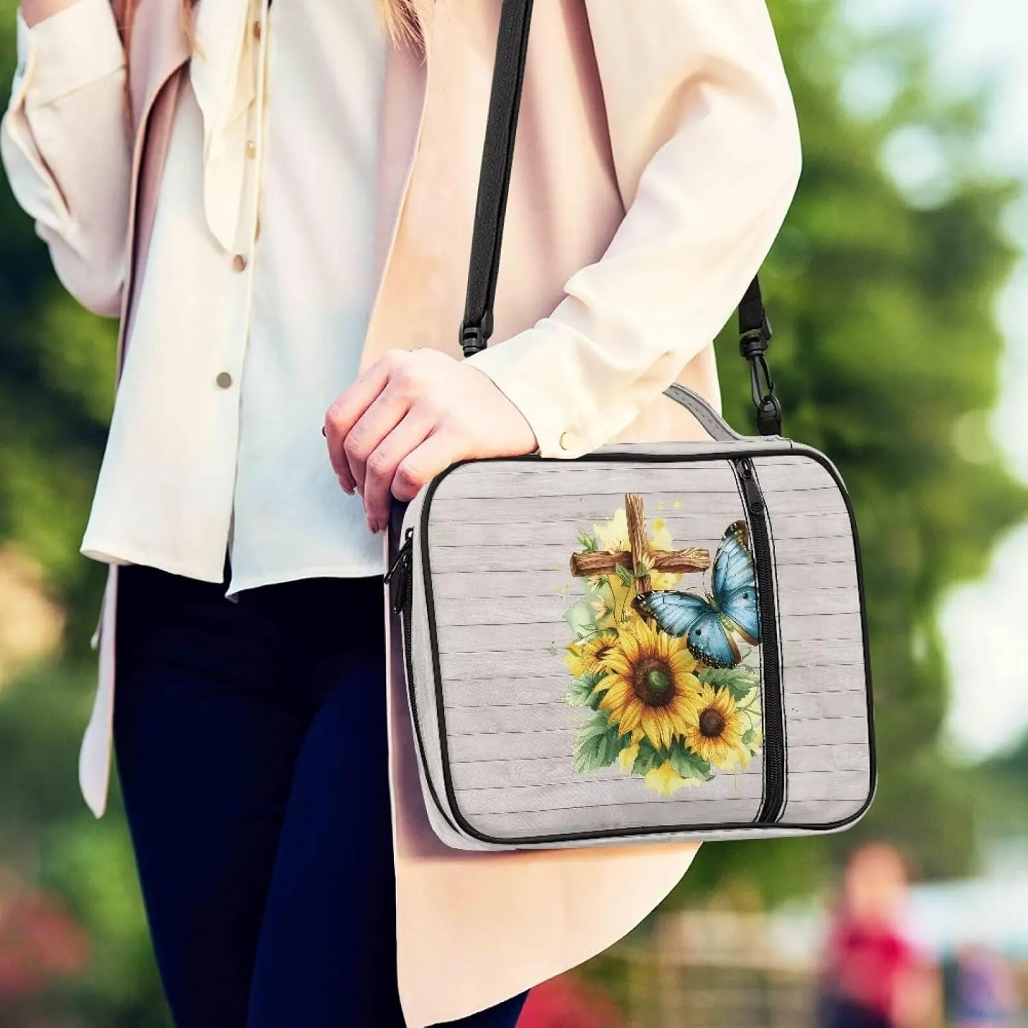 Christian Print Bible Cover,Polyester Bible Case for Women,Cross Floral Bible Bag Bible Case with Shoulder Strap