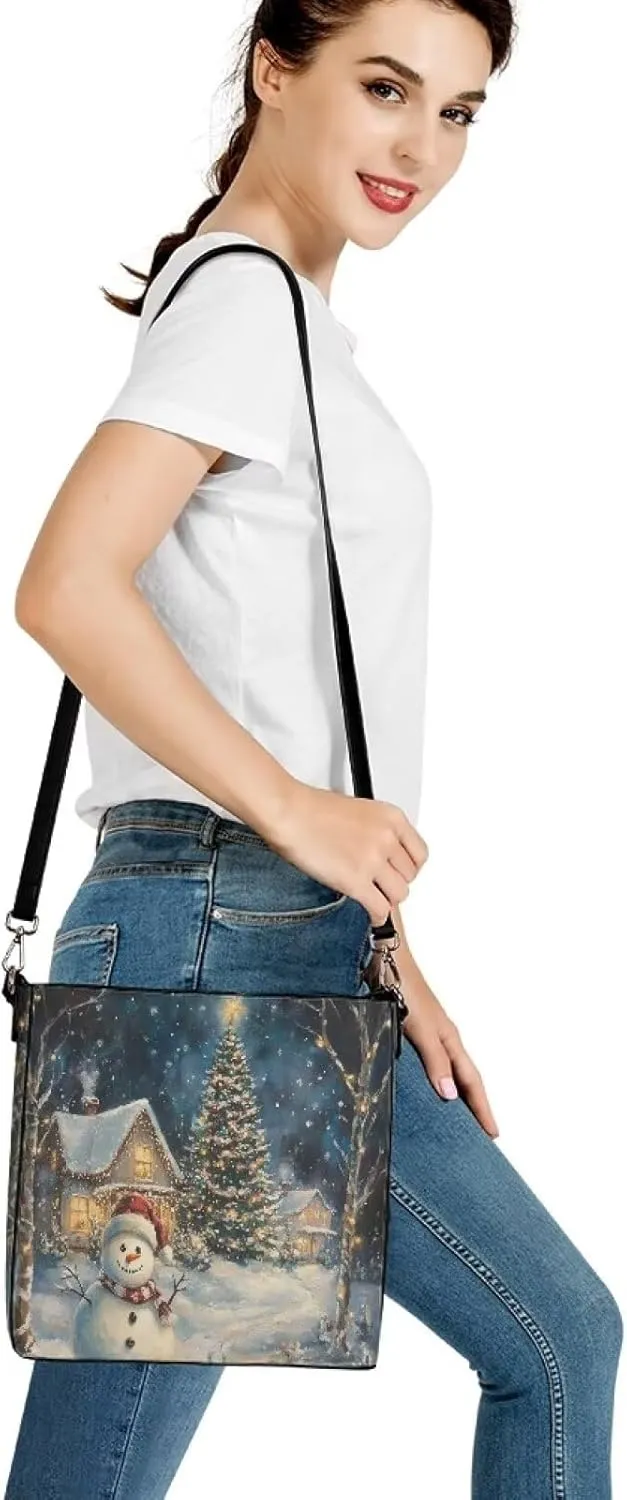 Christmas Bucket Handbag for Womens Leather Shoulder Purse with Zipper Pocket and Adjustable Strap
